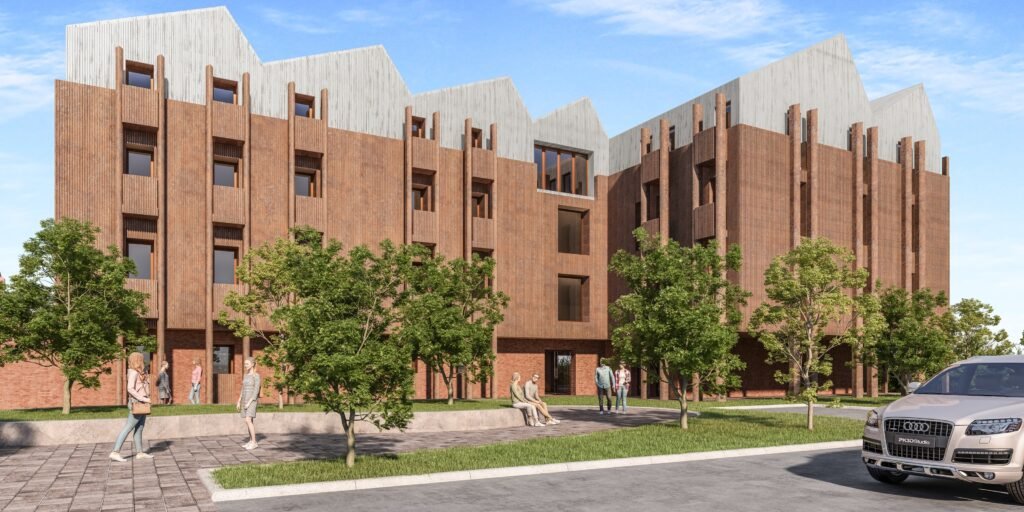 3D rendering of a student living development exterior