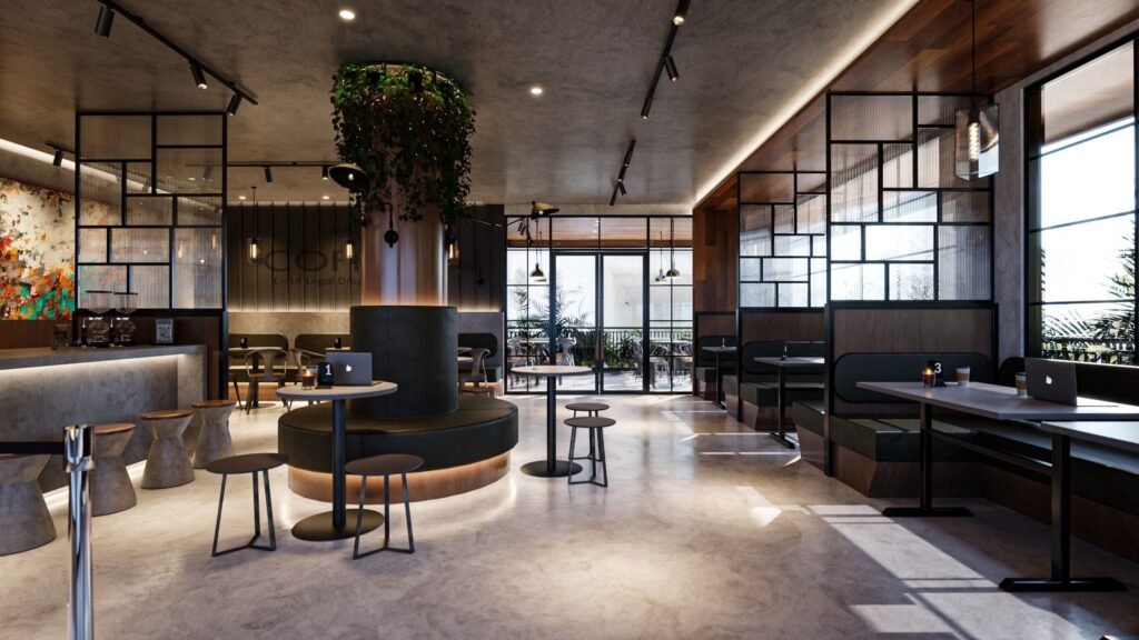 Modern commercial complex featuring sleek architectural design, large glass windows, lush landscaping, and parked vehicles, capturing a contemporary business environment.