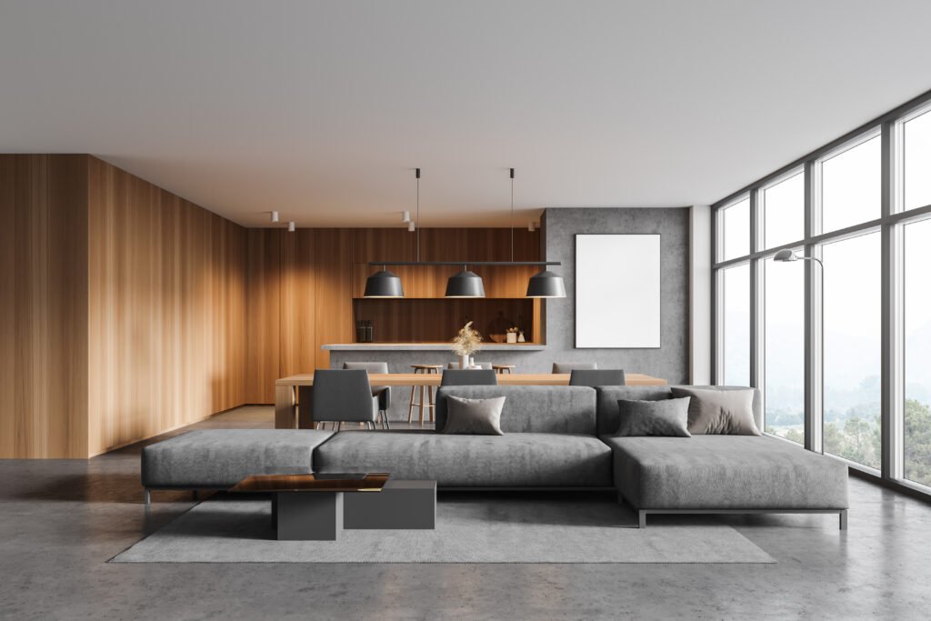 3d Interior,of,modern,living,room,with,gray,and,wooden,walls,